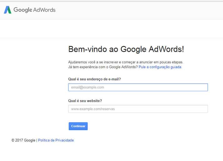 criar conta no adwords