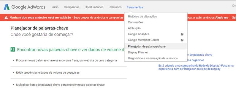 planejador de palavras-chave do google