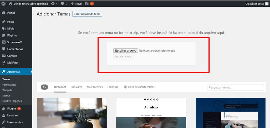 upload de tema wordpress