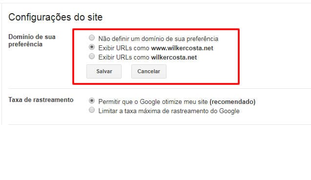 print configurações search console