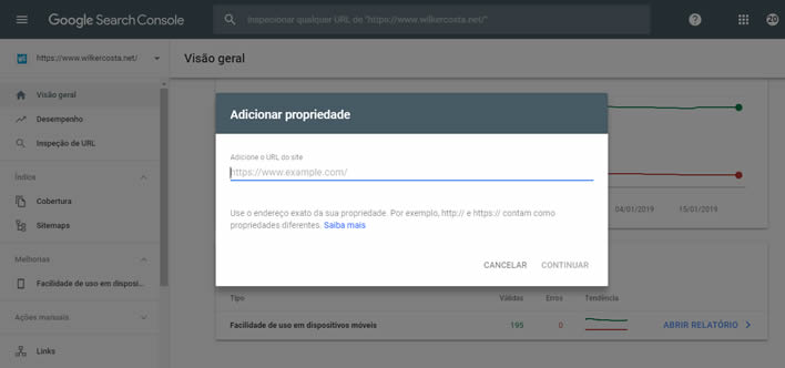 adicionar nova propriedade search console