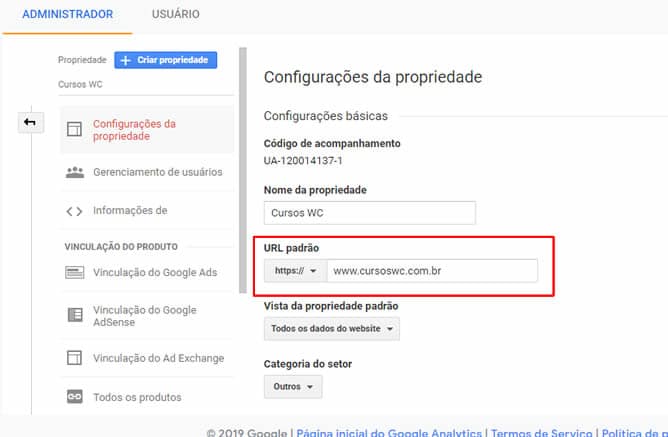 campo url padrão google analytics